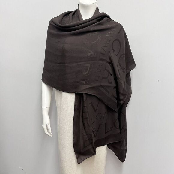 Bvlgari Accessories - Bvlgari 100% Silk Scarf Dark Brown Says "BVLGARI" All Over 24 1/2" by 70"
